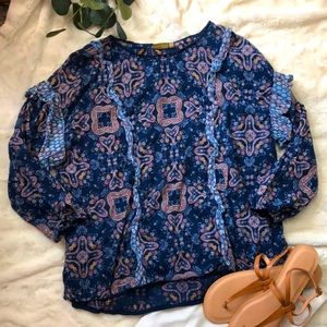 True Craft Navy Floral Ruffled Top-Medium